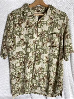 Island Republic Olive & Beige Hawaiian tiki bar Style Button Up silk Shirt
